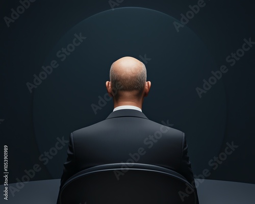 A bald man in a suit sits alone in a dimly lit room, creating a serene yet powerful atmosphere of contemplation and focus.