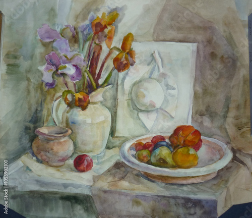 Fotografie still life vase with flowers watercolor painting in muted tones painting on wet