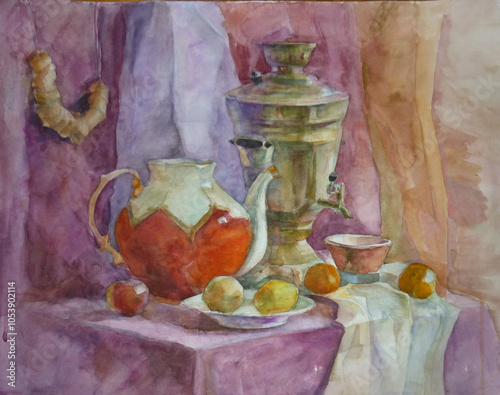Fotografie still life vase with flowers watercolor painting in muted tones painting on wet