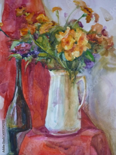 Fotografie still life vase with flowers watercolor painting in muted tones painting on wet