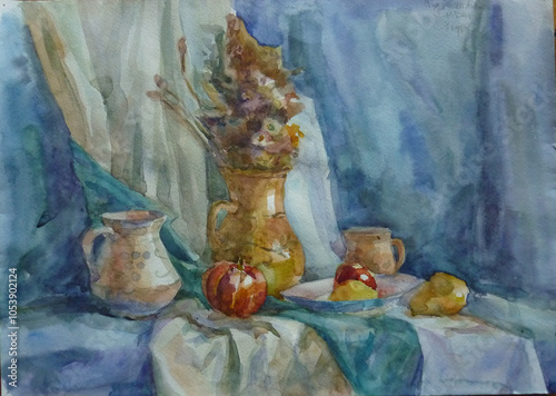Tablou pe pânză still life vase with flowers watercolor painting blue yellow painting on wet bou