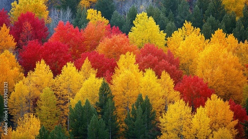 Vibrant Autumn Forest with Red, Yellow, and Green Foliage