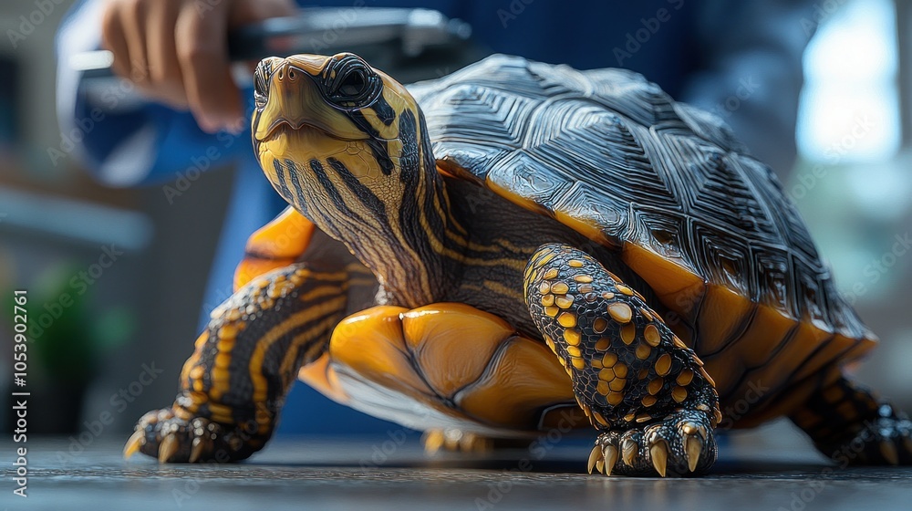 Obraz premium A turtle on a table with a person holding a tool above it.