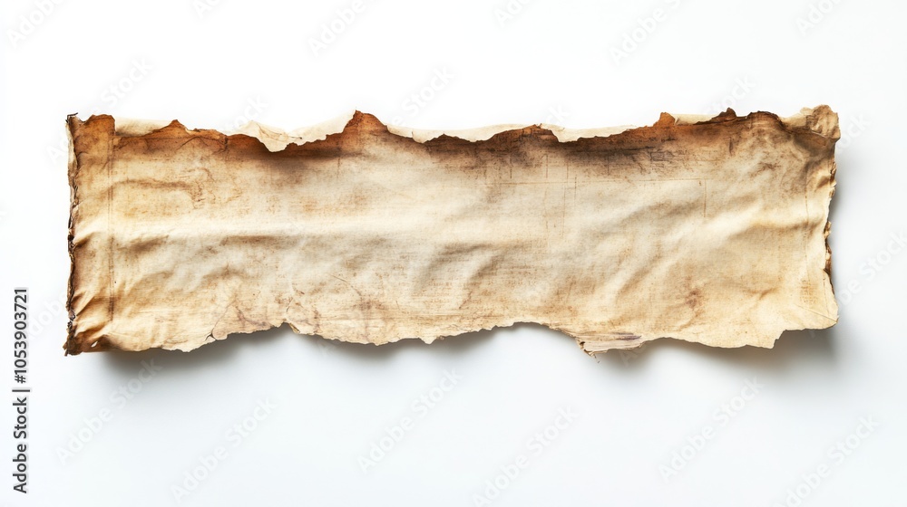 Fototapeta premium A weathered piece of parchment with irregular edges, showcasing a classic, vintage appearance, ideal for artistic or historical projects.