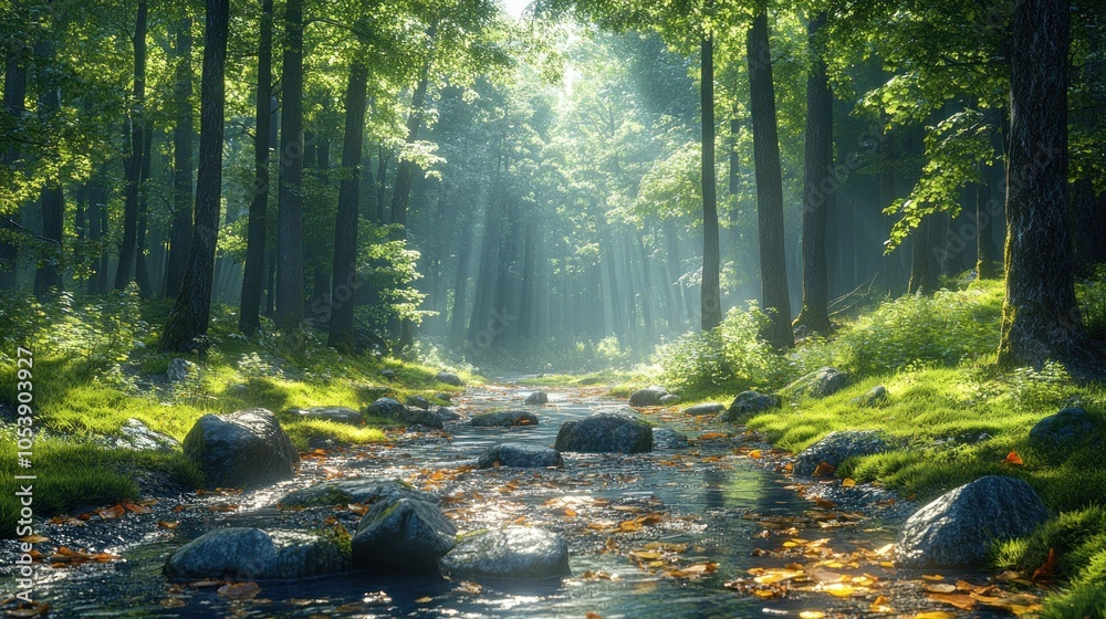 Fototapeta premium Serene forest scene with a flowing stream and dappled sunlight.