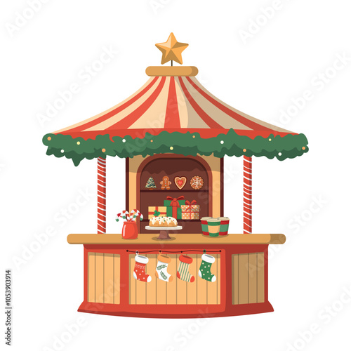 Christmas market booth with holiday sweet food and presents, winter holiday stall. Christmas market card. Isolated on white background