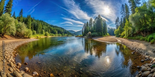 Riverside landscape along Sandy River in Oregon with fisheye effect photo