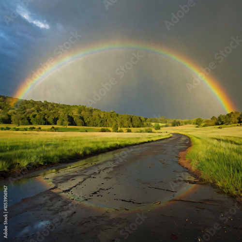 Rainbow Over Lush Landscape After Rain with Sunlit Clouds