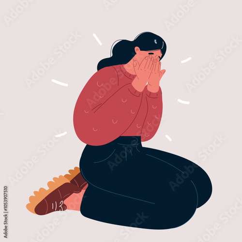 Vector illustration of a woman crying on her knees, expressing deep sorrow and emotion.