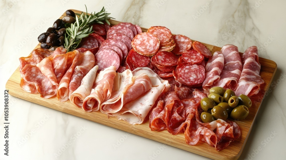Obraz premium Assorted Meats and Olives on Wooden Platter