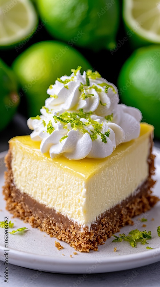 A slice of key lime pie topped with whipped cream and lime zest. A slice of key lime pie topped with whipped cream and lime zest.