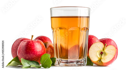 A glass of apple juice is on a table with a bunch of apples