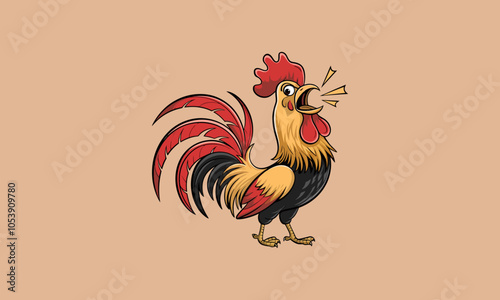 Colorful rooster crowing energetically with vibrant feathers.