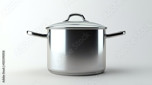 Stainless steel cooking pot with glass lid, isolated on a white background, ideal for cookware collections.