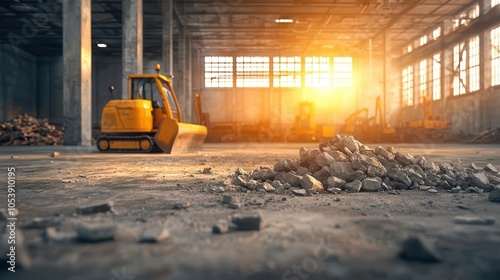 Industrial warehouse with heavy machinery, safety protocols in place photo