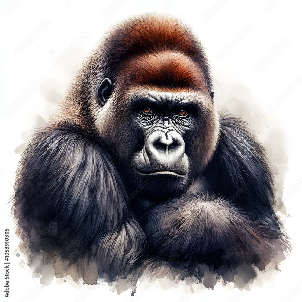 Fototapeta premium 흰 배경, 서부로랜드고릴라, 수채화 (white background, Western lowland gorilla, water colour)