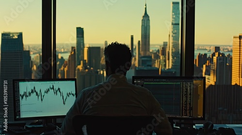 Stock trader in New York analyzing charts with overlays of Dow Jones and NASDAQ data. View of New York skyline outside the window.