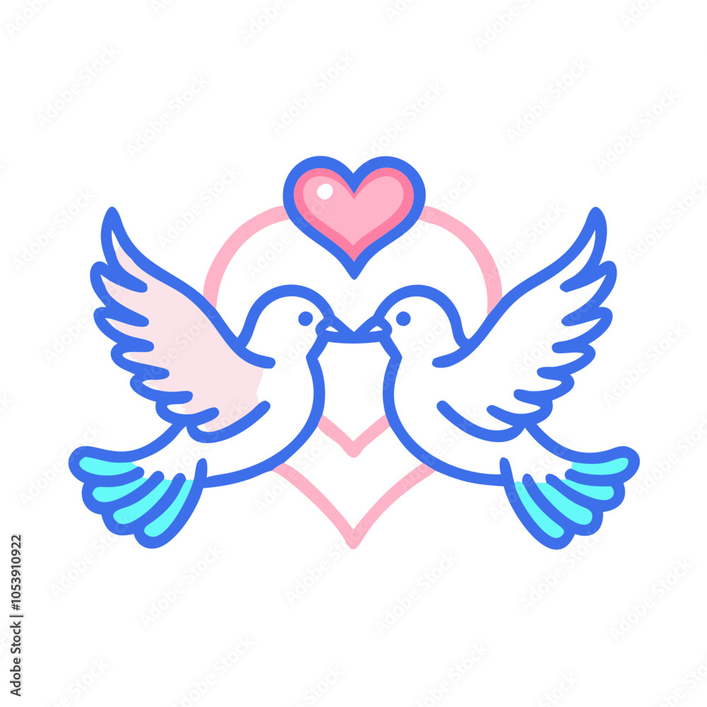 Fototapeta premium Blue and Pink Doves with Heart Icon on White Background