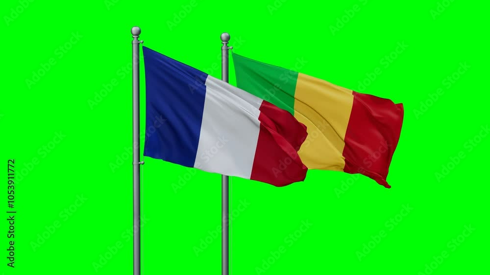 Mali and France flags waving together, video concept of the relationship with colored chroma key for easy background remove Mali and France flags waving together, video concept of the relationship with colored chroma key for easy background remove