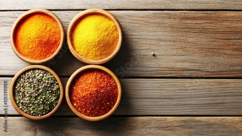 Vibrant Spices in Wooden Bowls on Rustic Table