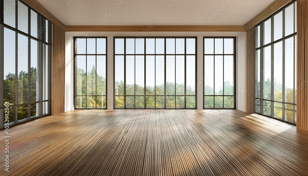 Modern empty room with large window and wooden floor. 3D Rendering Modern empty room with large window and wooden floor. 3D Rendering