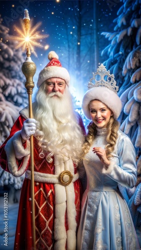 Ded Moroz and Snegurochka in Snowy Forest photo