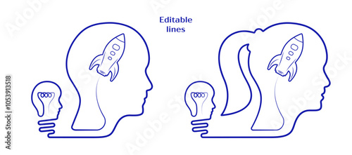 Woman, man business head design, editable line icon vector with head shape lightbulb, spaceship. Male, female business sign, to use in brainstorm, diversity, intelligence, business plan illustration. 