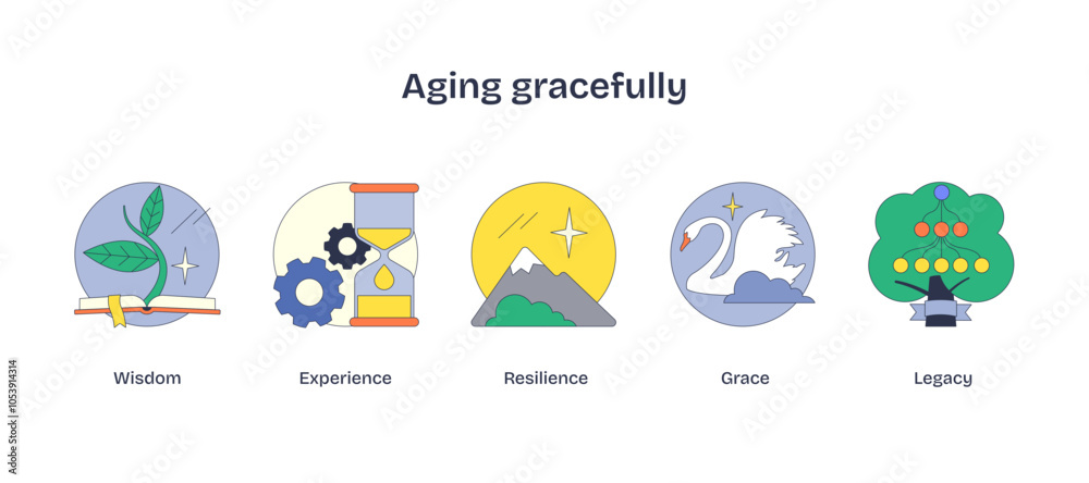 Aging gracefully is depicted with icons of a leaf, hourglass, and swan, symbolizing wisdom, time, and elegance, transparent background. Aging gracefully is depicted with icons of a leaf, hourglass, and swan, symbolizing wisdom, time, and elegance, transparent background.