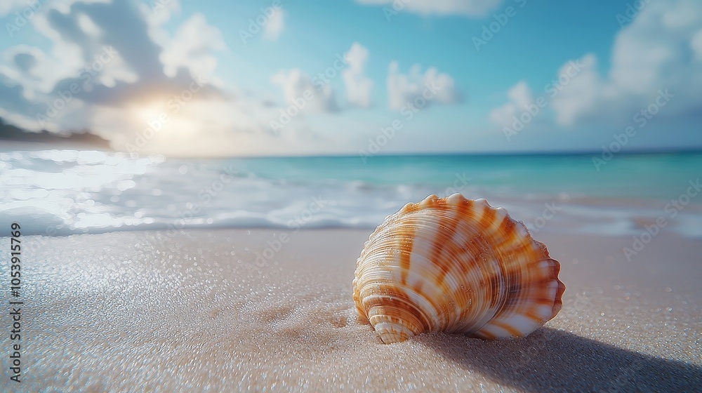 A seashell rests on sandy beach, with ocean waves and a cloudy sky in the background. A seashell rests on sandy beach, with ocean waves and a cloudy sky in the background.