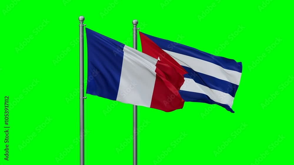 Cuba and France flags flying together, video concept of the relationship with colored chroma key for easy background remove, two country cooperation concept Cuba and France flags flying together, video concept of the relationship with colored chroma key for easy background remove, two country cooperation concept