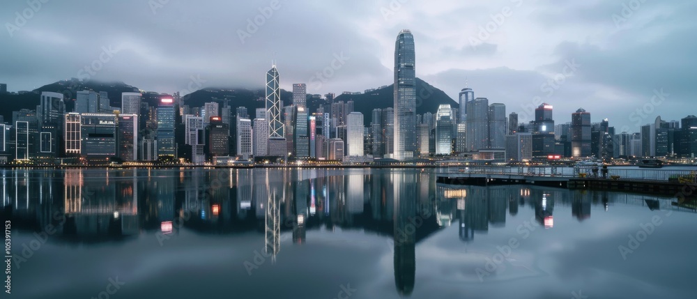 Fototapeta premium An iconic waterfront city is set against a cloudy backdrop, with illuminated skyscrapers reflecting brilliantly on the calm harbor waters at twilight.