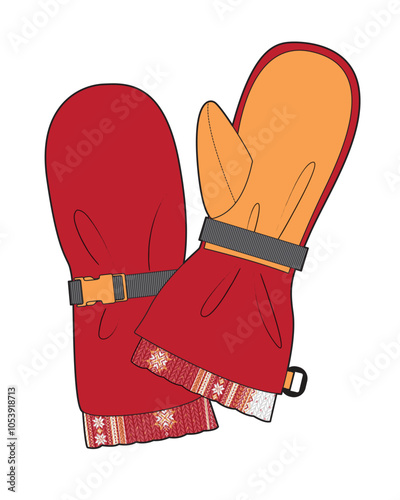 Quilted mittens flat sketch vector mockup template.