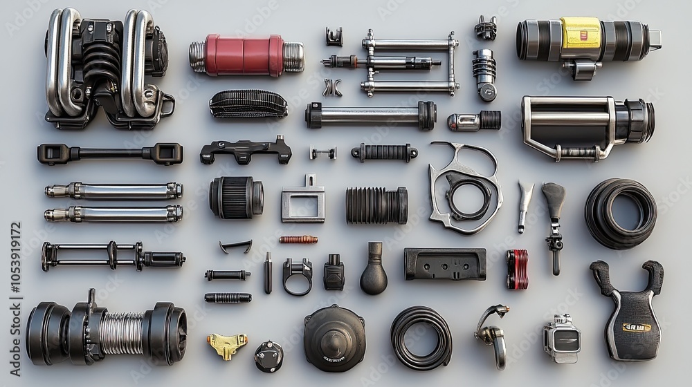 Fototapeta premium Mechanical Parts and Equipment Flat Lay Arrangement