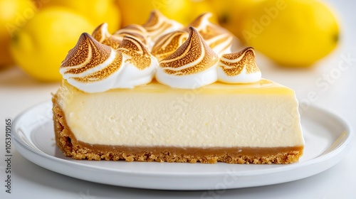 A slice of lemon cheesecake with a toasted meringue topping, perfect for a summer dessert. photo