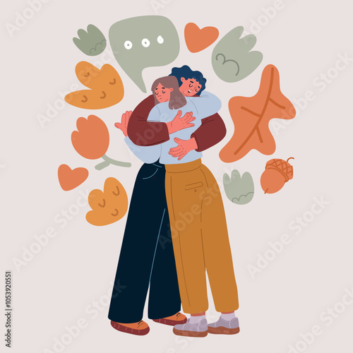 Vector illustration of women hugging each other, symbolizing friendship and support. photo