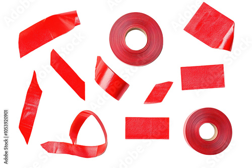 Red tape pieces arranged on a white background showcasing various shapes and sizes