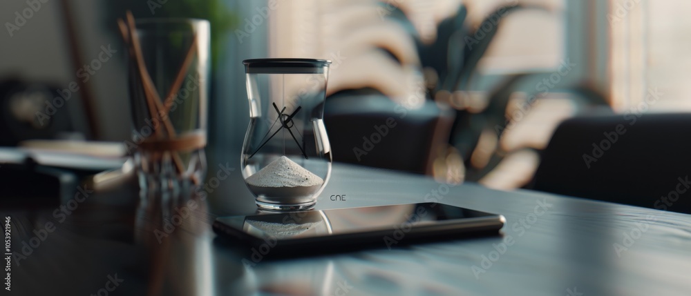 A sleek hourglass resting on a table, bathed in soft afternoon light, evokes a sense of time and reflection in a calm setting. A sleek hourglass resting on a table, bathed in soft afternoon light, evokes a sense of time and reflection in a calm setting.