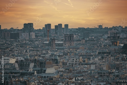 Panoramic view of Paris at sunset, highlighting city's skyline and historic architecture at sunset