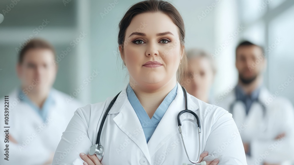 Fototapeta premium Overweight female doctor in a white coat, confidently leading a team of medical professionals in a hospital