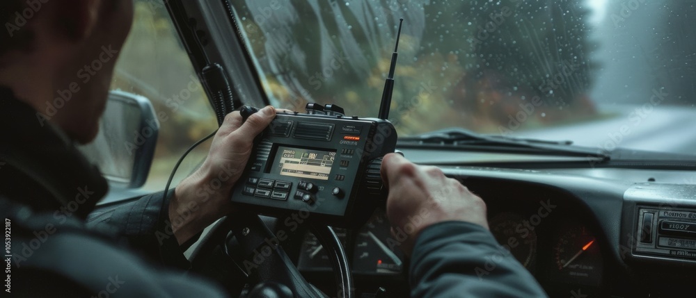 Naklejka premium A person adjusts a radio in a car while driving through a rainy forest, invoking a sense of adventure and mystery on a journey through nature.