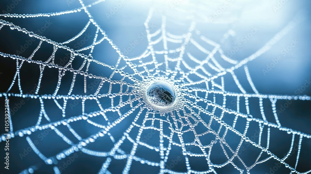 Fototapeta premium Close-up of a spiderweb adorned with raindrops, symbolizing the delicate beauty and complexity found in nature