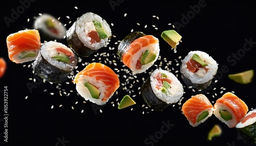 Sushi rolls shown in motion, appearing tossed mid-air with rice grains and slices of fish.