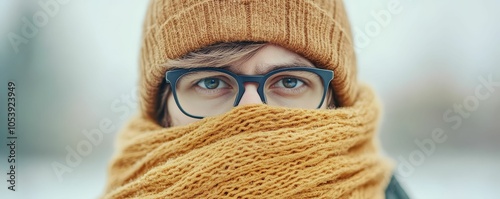 A person wearing a heavy coat and scarf, bracing against a cold wind, winter is coming photo