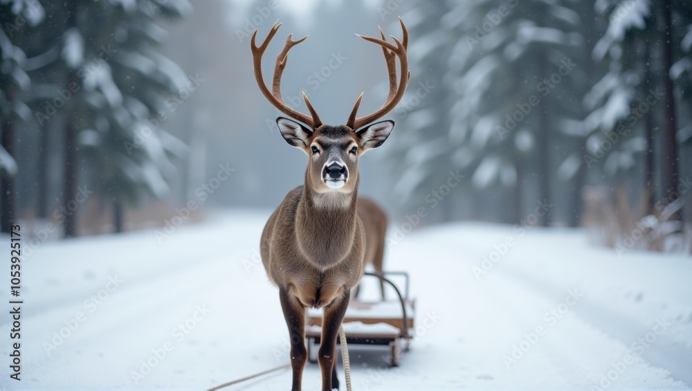 Majestic deer stands on a snowy path with a sleigh, surrounded by winter forest. Generative, AI,
Majestic deer stands on a snowy path with a sleigh, surrounded by winter forest. Generative, AI,