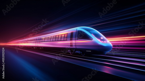 sleek futuristic train, bright neon lights, high-speed motion effect, dynamic perspective, night scene, modern design photo