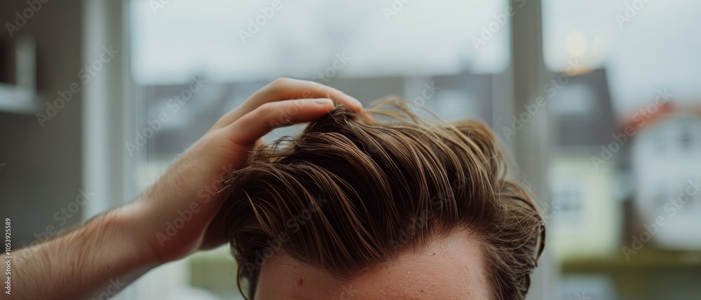 Naklejka premium A hand gently tousling short hair against a blurred domestic backdrop presents a casual, intimate moment of self-care or daily routine.