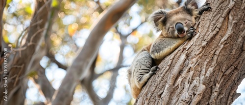 A tranquil koala rests comfortably on a eucalyptus tree amidst sun-dappled leaves, embodying serene bliss and the charm of Australia's wildlife.