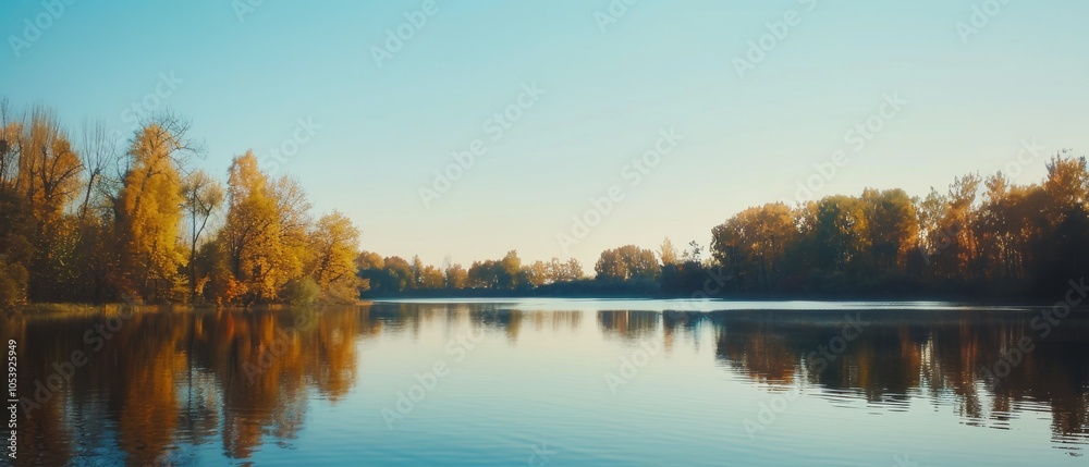 A serene lake reflects golden autumn trees, creating a tranquil and picturesque natural landscape. A serene lake reflects golden autumn trees, creating a tranquil and picturesque natural landscape.