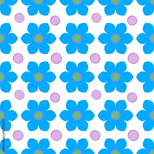 seamless pattern white blue flowers and pink dot 