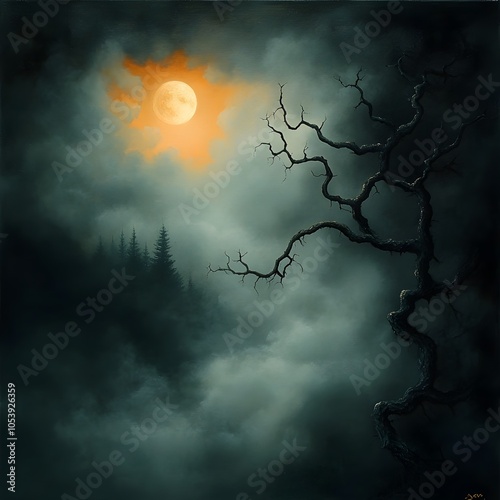 A moody and atmospheric oil painting depiction of a dark twisted forest at nightfall with gnarled branches reaching up towards a full moon creating a haunting and otherworldly scene photo